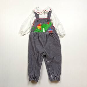 Vintage Thomas Outfit Baby Sz 12m Gray Corduroy Applique House Overalls 80s
